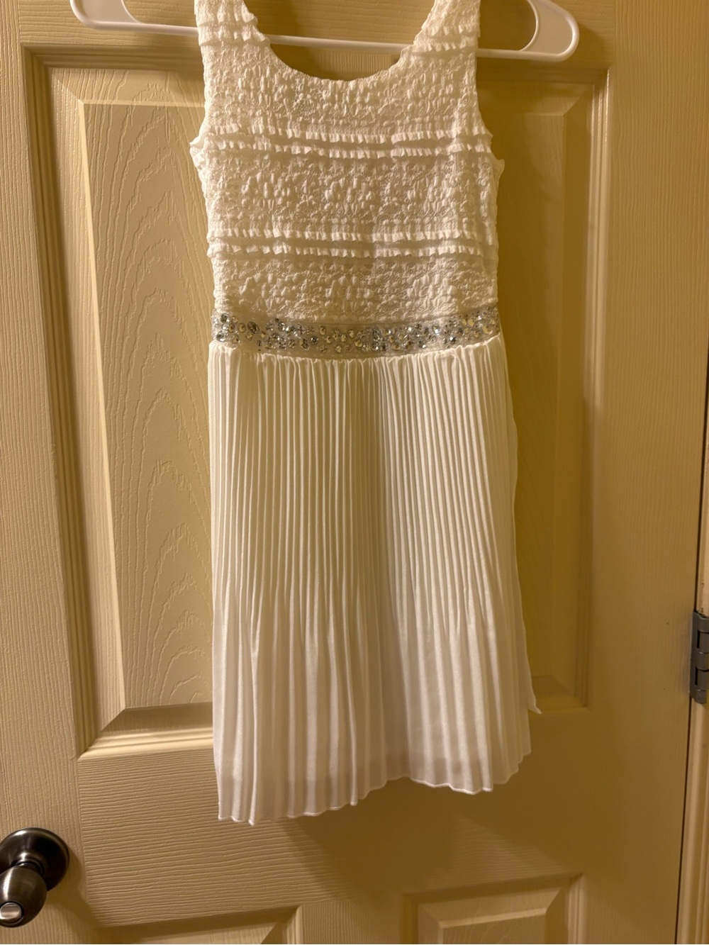 Monteau Girls White Pleated Party Dress with Embellished Waist
